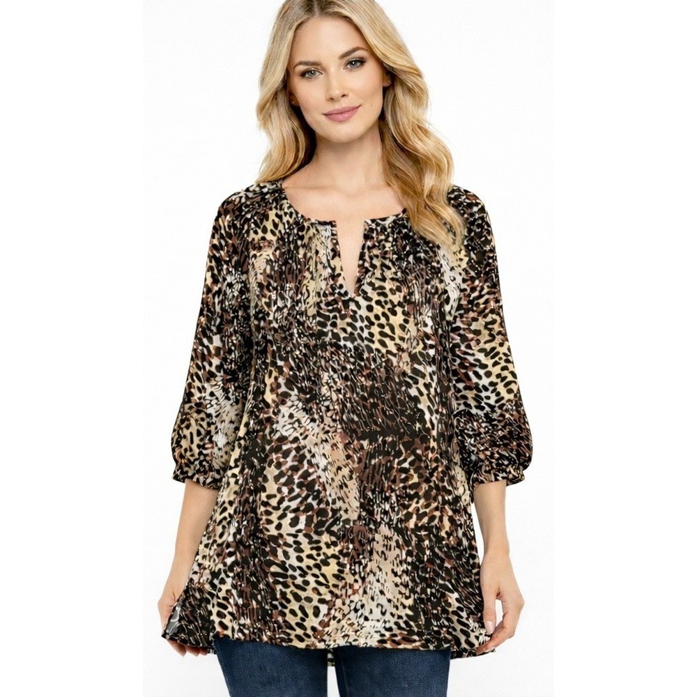 Liz Claiborne XL Animal Print Tunic Top V-Neck Balloon Sleeve Beige Women